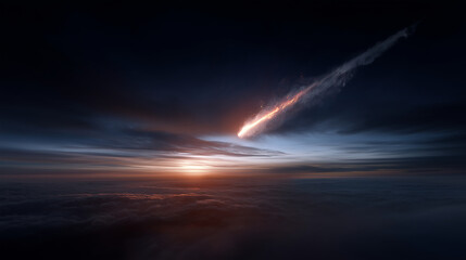 Gigantic meteor entering Earthâs atmosphere, bright fiery tail across dark sky, shockwave and light explosion on horizon meteor, impact, sky, fire, explosion, cinematic, realism, a