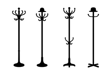 Silhouette of four coat stands with hats in minimalist design
