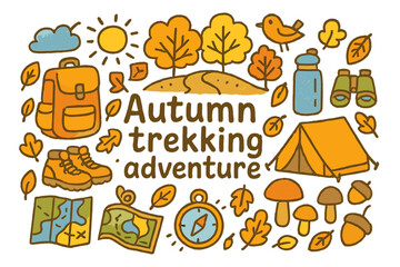 Fototapeta premium Autumn Trekking Fun. Autumn trekking adventure. Hand-drawn doodle illustration of Autumn trekking adventure.