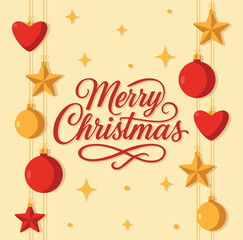 A winter illustration featuring Christmas tree baubles, stars, hearts, bright decorations on a light background with the beautiful text Merry Christmas. For Christmas greetings, cards, holiday designs