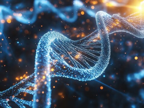 A glowing blue DNA strand is spinning with small orange lights floating around it.