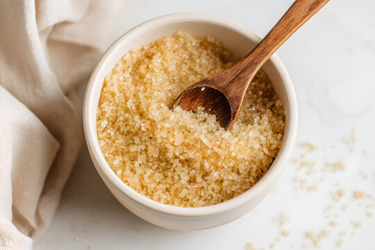 Close-up top view of golden sugar scrub with wooden spatula in white ceramic bowl, soft warm light, minimal bathroom scene. - Powered by Adobe