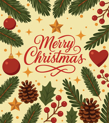 Elegant vector poster frame on a light background with fir branches, pine cones, stars, Christmas tree baubles, the beautiful inscription Merry Christmas. Perfect for greetings, cards, holiday designs