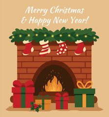 A cozy winter vector illustration with a burning fireplace, gifts, christmas stockings. Warm atmosphere of Christmas, New Year, a winter evening, family comfort. For cards, greetings, social media