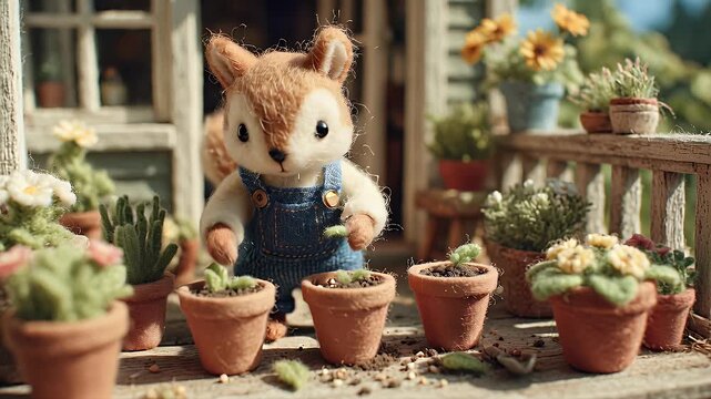 Animated squirrel tending potted plants on a miniature balcony with sunlight and flowers