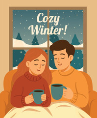 A cozy Christmas winter illustration a man and woman sitting under a blanket with mugs of hot cocoa. A warm, homey atmosphere filled with love, comfort. Use for cards, greetings, social media posts