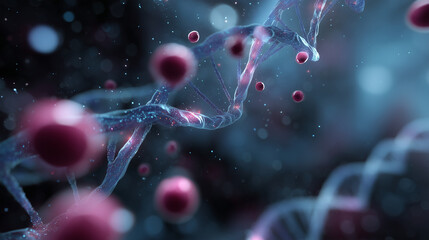 Microscopic 3D render of DNA helix structure with floating biological cells in glowing light particles, futuristic medical research concept, ultra-realistic, cinematic lighting, so