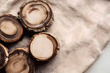 Horizontal top-down view of tree slices with visible grain and fibers on beige linen, warm natural tones, minimal rustic styling.