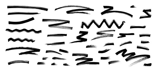 Graffiti brush stroke vector set. Black crayon wave and zig zag lines mixed with ink, paintbrush and charcoal. A collage collection of comic drawing elements Ideal for street graffity collage © A_Y_N