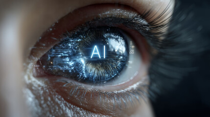 Extreme close-up of a human eye reflecting glowing letters "AI", futuristic cyber theme, digital data interface overlay, blue neon light, technology concept, cinematic macro photog