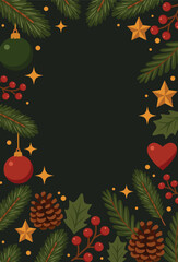 Merry Christmas and Happy New Year! An elegant frame on a black background with fir branches, pine cones, stars, and baubles. Perfect for greetings, cards, and holiday designs