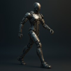 Fototapeta premium Futuristic metallic humanoid automaton in motion on a dark background
