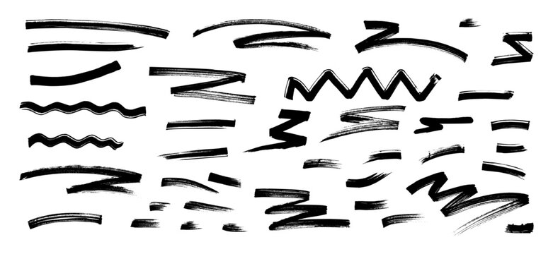 Graffiti brush stroke vector set. Black crayon wave and zig zag lines mixed with ink, paintbrush and charcoal. A collage collection of comic drawing elements Ideal for street graffity collage