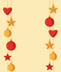 Vector winter illustration with Christmas tree baubles, stars, hearts, and bright decorations on a light background with space for text. Perfect for Christmas greetings, cards, and holiday designs