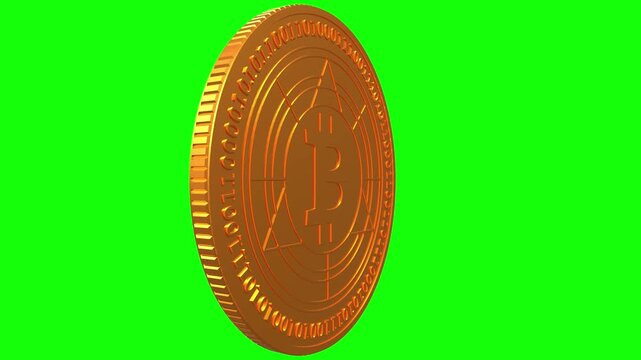 Bitcoin isolated gold coin spinning on green background, alpha channel, slow motion 3d chroma key