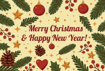 Vector horizontal poster frame on a light background with fir branches, pine cones, stars, Christmas tree baubles, text Merry Christmas and Happy New Year. For greetings, cards, holiday designs