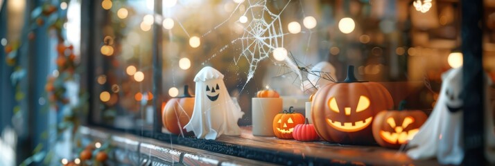 Spooky halloween decor with jack o lanterns and ghost in festive display. Horizontal banner. Copy space. Free space for text