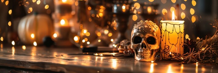 Spooky halloween celebration with skull and candle decorations. Horizontal banner. Copy space. Template for a bar, restaurant, or cafe