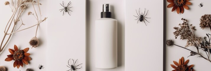 Halloween themed mockup with white bottle and spiders for creative design. Horizontal banner. Copy space. Template for a cosmetics shop, beauty salon, pharmacy, drugstore