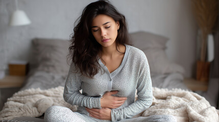 young woman sitting on bed holding hot water bottle to stomach, wearing pajamas, feeling unwell, menstrual cramps relief, cozy bedroom interior, soft daylight, realistic emotional