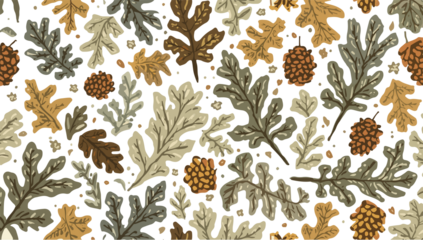 A stylized pattern of oak leaves and pinecones in a flat design style for a background, featuring intricate details of the leaves and textured surfaces PNG Transparent 