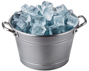 Refreshing silver metal bucket full of cold frozen ice cube, cool container for chilling any beverage. perfect object for party, celebration, or summer event