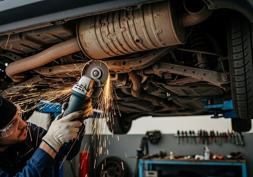 Mechanic Grinding Car Exhaust System with Sparks in Auto Repair Shop. - Powered by Adobe