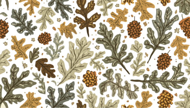 A stylized pattern of oak leaves and pinecones in a flat design style for a background, featuring intricate details of the leaves and textured surfaces PNG Transparent