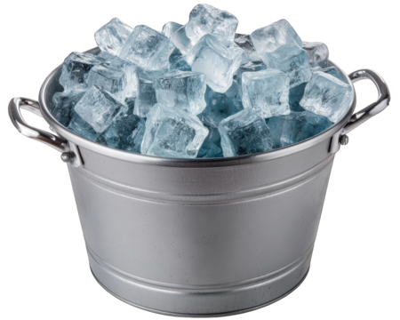 Refreshing silver metal bucket full of cold frozen ice cube, cool container for chilling any beverage. perfect object for party, celebration, or summer event