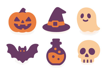 Six cute Halloween symbols: pumpkin, witch hat, ghost, bat, potion, and skull