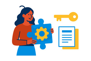 Woman holding puzzle piece with gear near key and document