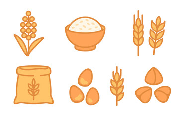Assortment of staple food ingredients icons including grains and seeds