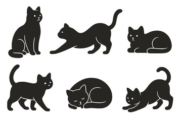 Six black cat silhouettes in various common poses