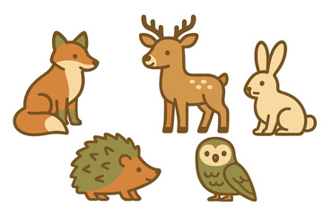 Charming forest animals set featuring fox, deer, rabbit, hedgehog, and owl