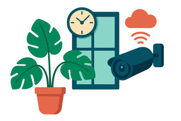 Indoor security camera monitoring house plant and wall clock