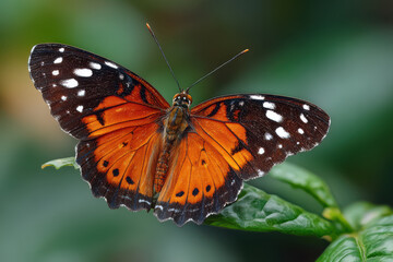 Obraz premium Vivid butterfly resting on green leaf with striking orange and black wings adorned with white spots, set against a blurred nature background, showcasing the elegance of natural beauty