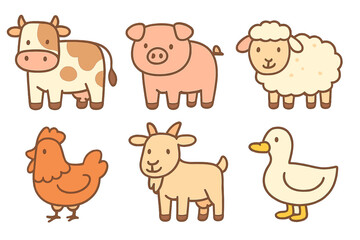 Set of cute cartoon farm animals including cow pig sheep chicken goat and duck