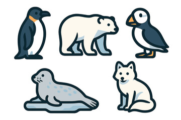 Naklejka premium Cute arctic and antarctic animal icons featuring penguin polar bear and seal