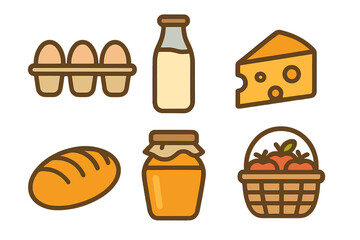 Set of farm fresh dairy and baked goods symbols for breakfast