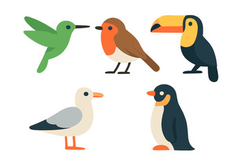 Five stylized tropical and temperate zone bird icons