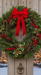 Festive Christmas Wreath with Red Bow on Wooden Door.