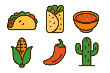 Collection of stylized icons representing popular Mexican food and desert elements