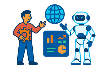 Human and robot discussing global data analysis and business growth