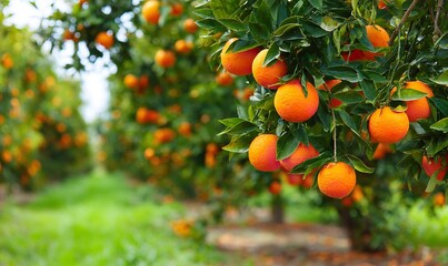Vibrant, ripe oranges hang heavy on leafy branches in a sun-drenched grove, promising fresh flavor and natural goodness for healthy living concepts