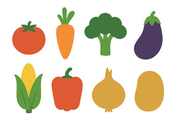 Assortment of fresh garden vegetables icons set on white background