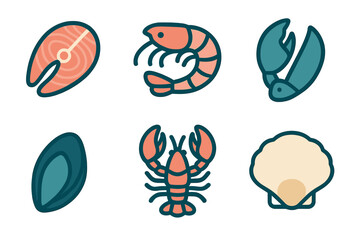 Six stylized icons of seafood including salmon steak shrimp lobster claw mussel and scallop