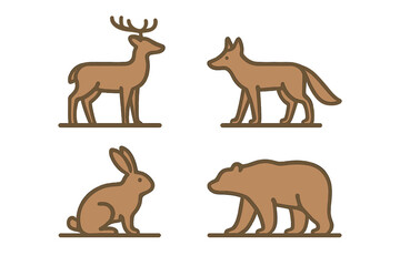Set of four stylized brown wild animal icons including deer coyote rabbit and bear