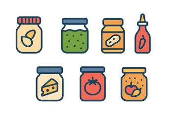 Various preserved food jars and condiment bottles icons set
