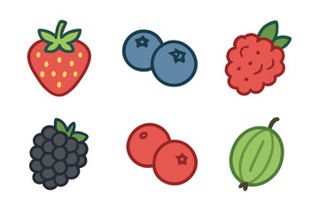 Stylized icons of fresh berries including strawberry, blueberry, raspberry, and gooseberry