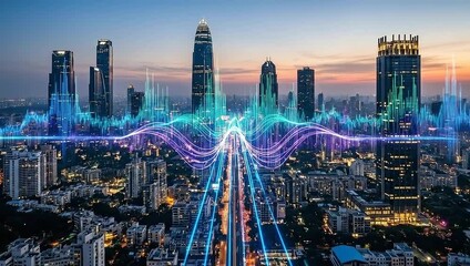 A modern cityscape at dusk with digital data overlay depicting interconnected infrastructure - Powered by Adobe